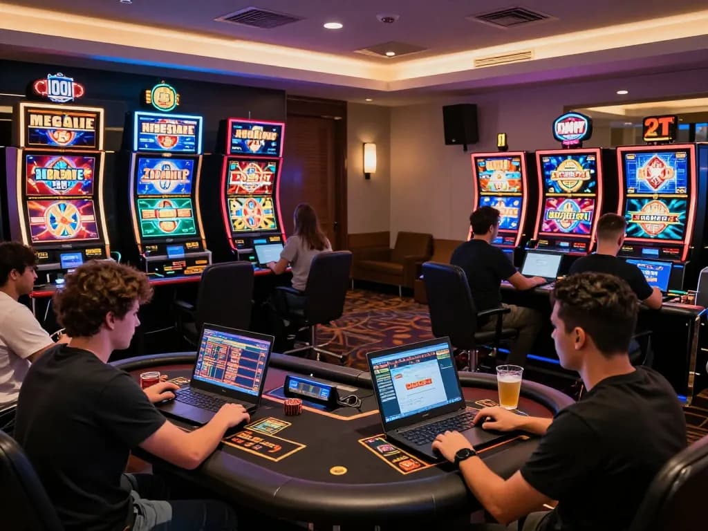 Players engaging in dynamic gameplay at FC88 online casino atmosphere, showcasing vibrant gaming screens and stylish decor.