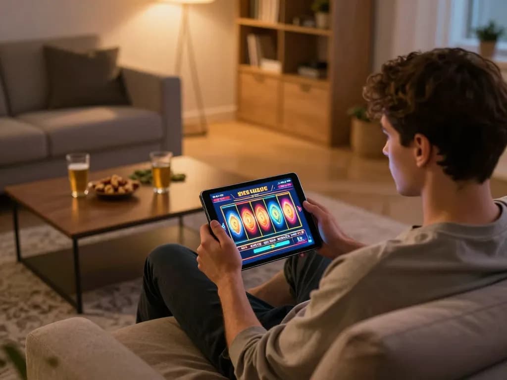 Player engaging with situs slot on a tablet, showcasing vibrant gameplay in a cozy home setting
