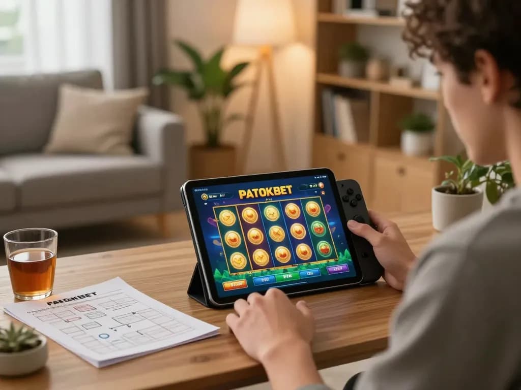 Engaging player enjoying the patokbet slot game on a tablet in a cozy home setting.