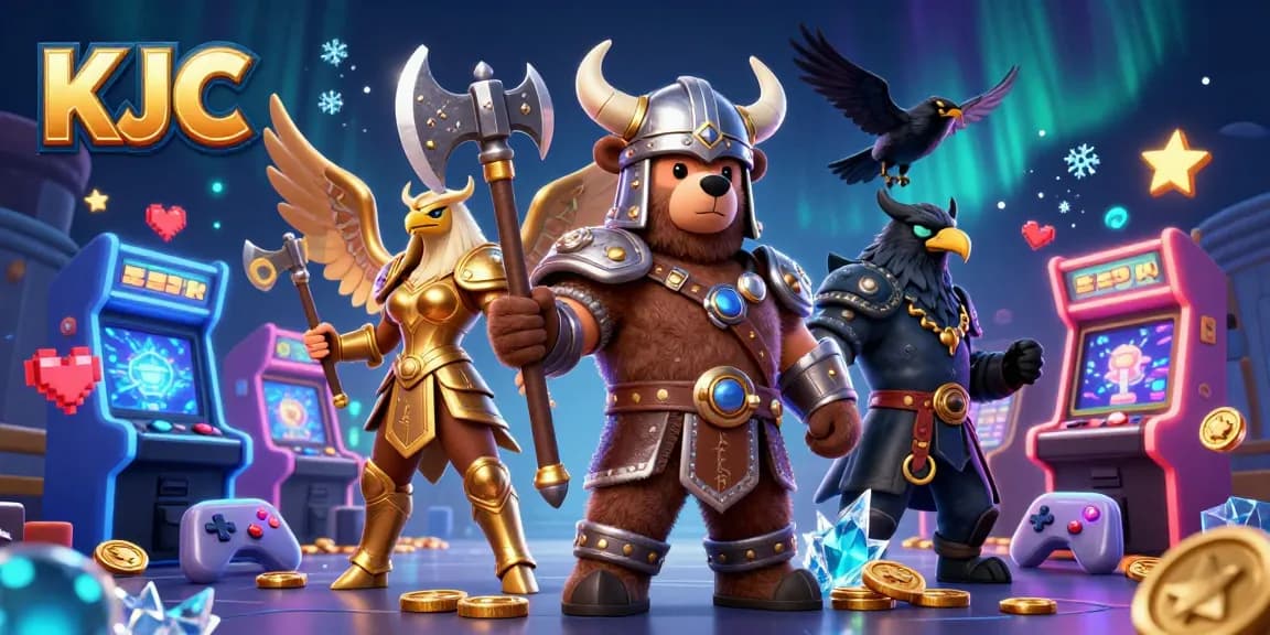 KJC engages players with a vibrant casino experience featuring a Viking bear, Valkyrie eagle, and glowing game machines.
