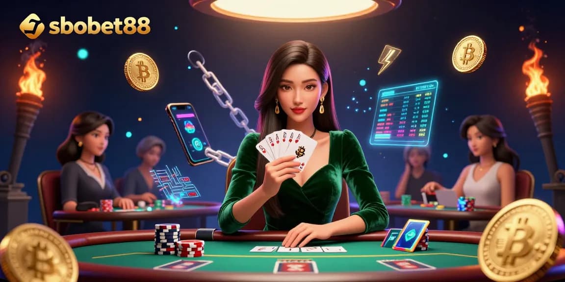 Engage in sports betting excitement at sbobet88, featuring a lady at a luxury poker table with vibrant gaming elements.