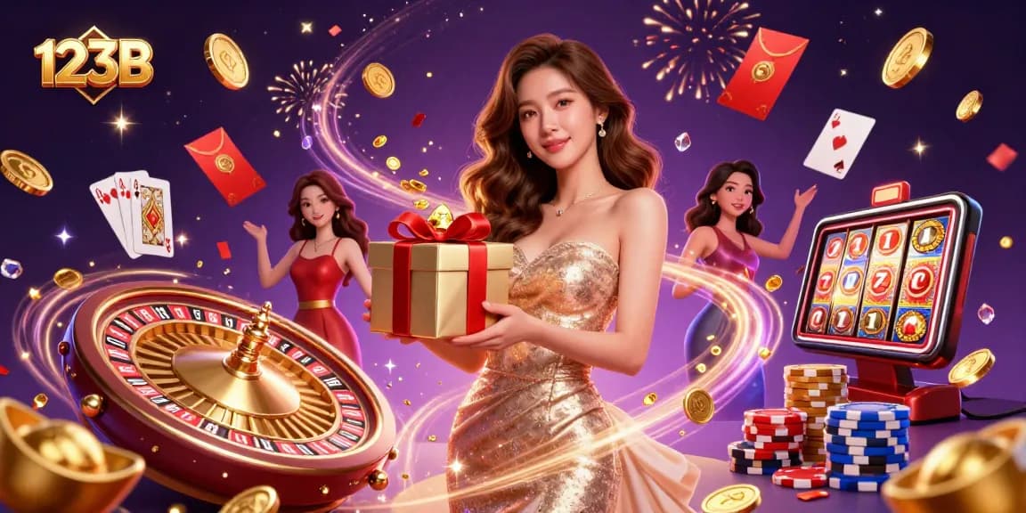 Experience the thrilling excitement of 123B with captivating visuals of a festive casino scene.