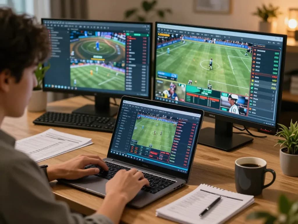 Person analyzing tỷ lệ kèo nhà cái for optimal sports betting strategies at home