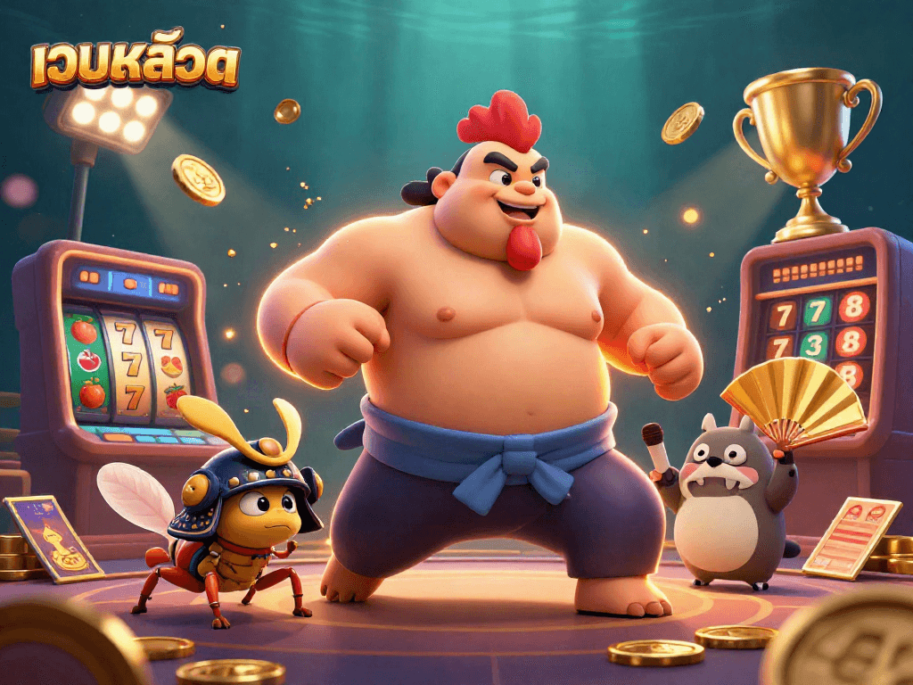 Engage in thrilling เว็บสล็อต action with an intense sumo rooster, samurai cricket, and casino elements.