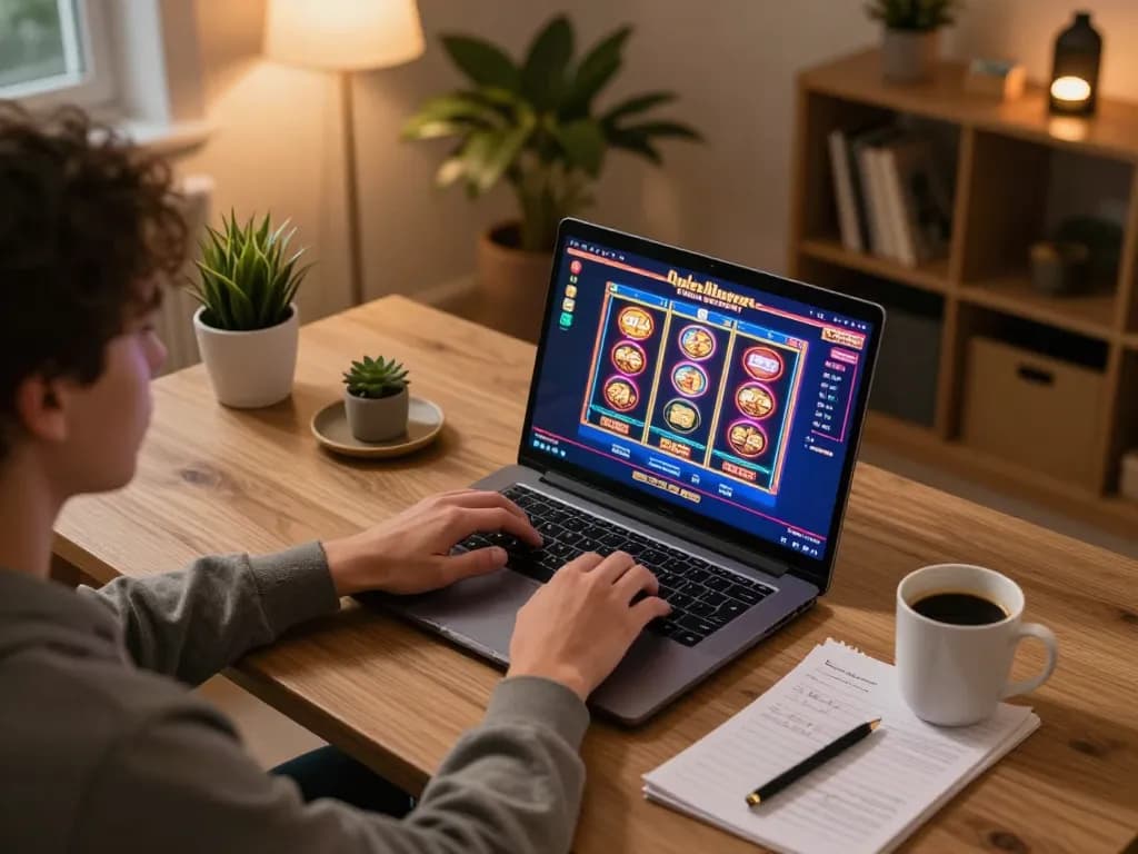 Player engaging with online slots at nhà cái 98win, showcasing vibrant game interface and cozy setup.