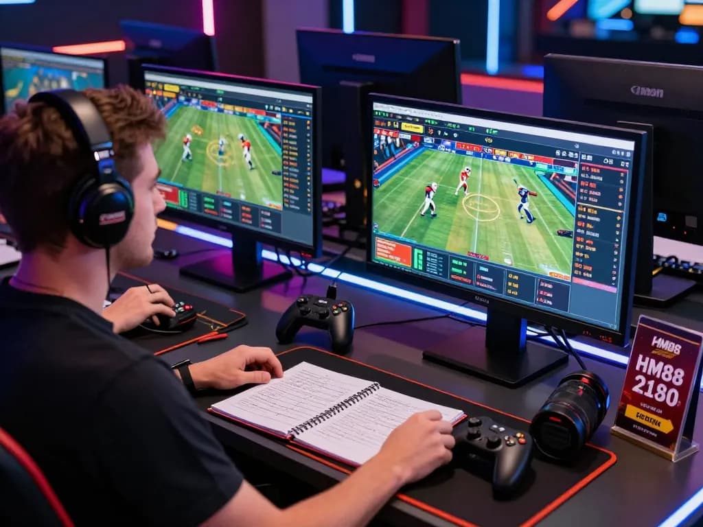 Engaged bettor using HM88 platform for online gaming with dynamic displays.