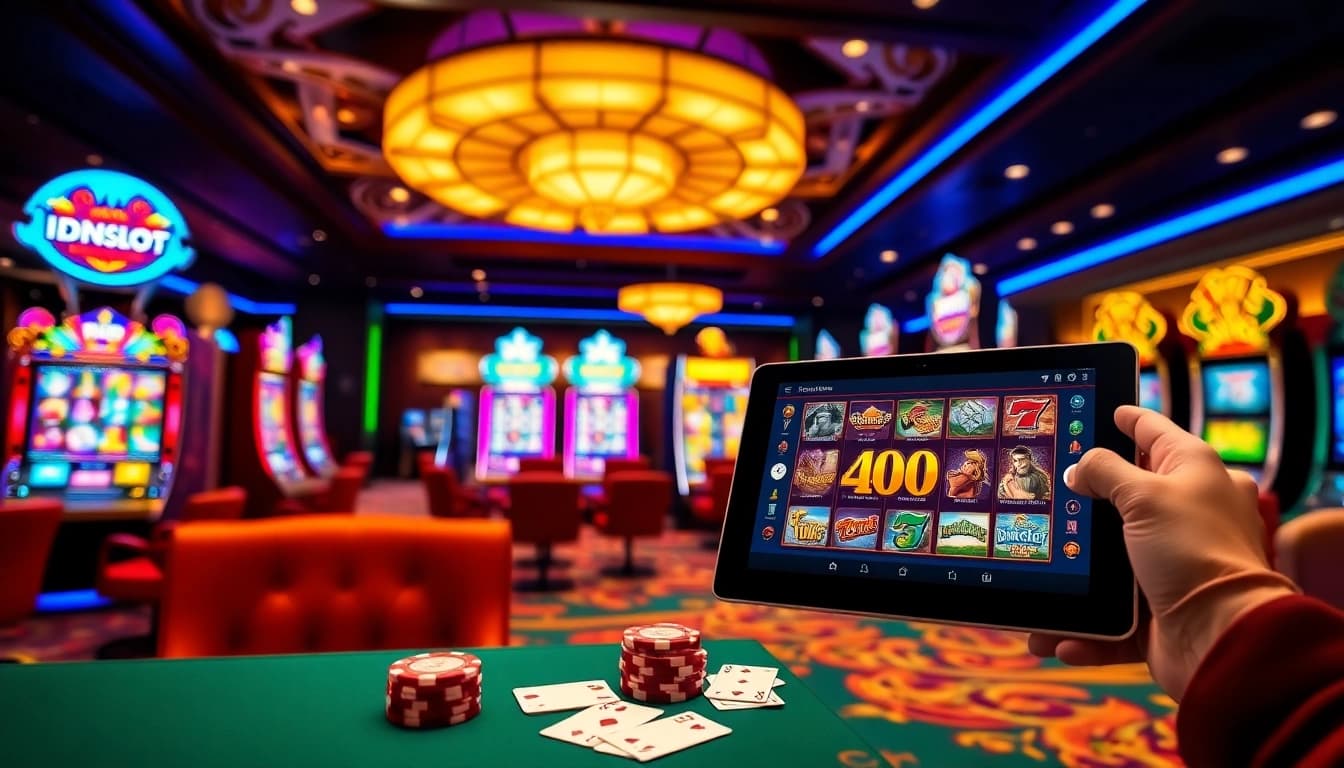 Experience the thrill of idnslot gameplay surrounded by colorful casino slot machines.