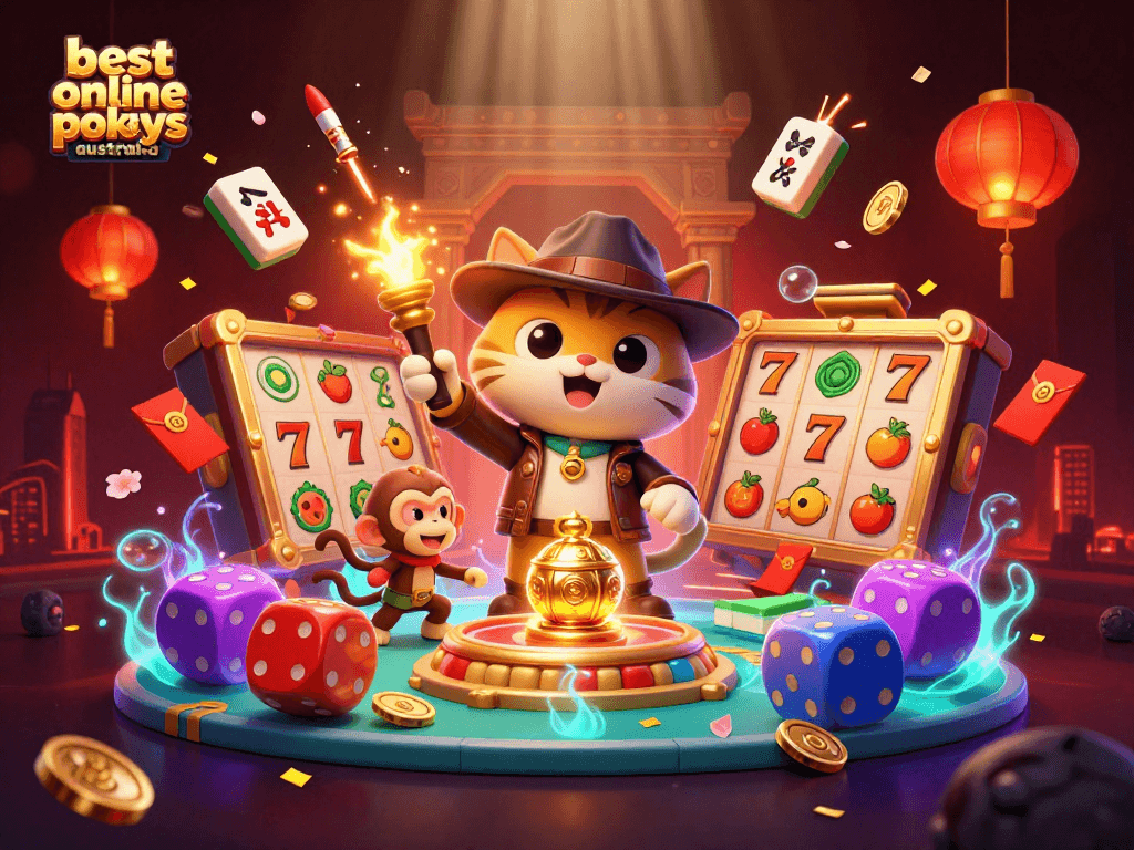 Playing the best online pokies Australia with an archaeologist cat and monkey, exploring casino treasures.