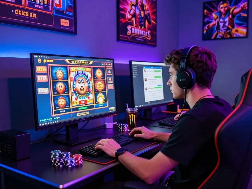 Pemain menikmati link gacor di pengaturan permainan online yang vibrant dengan antarmuka mesin slot yang imersif.