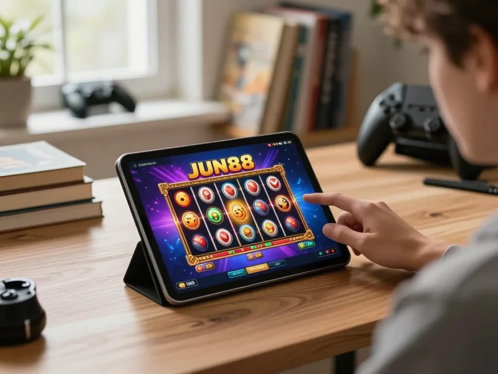 Player exploring JUN88 slot games on a tablet in a cozy home office, showcasing modern online gambling