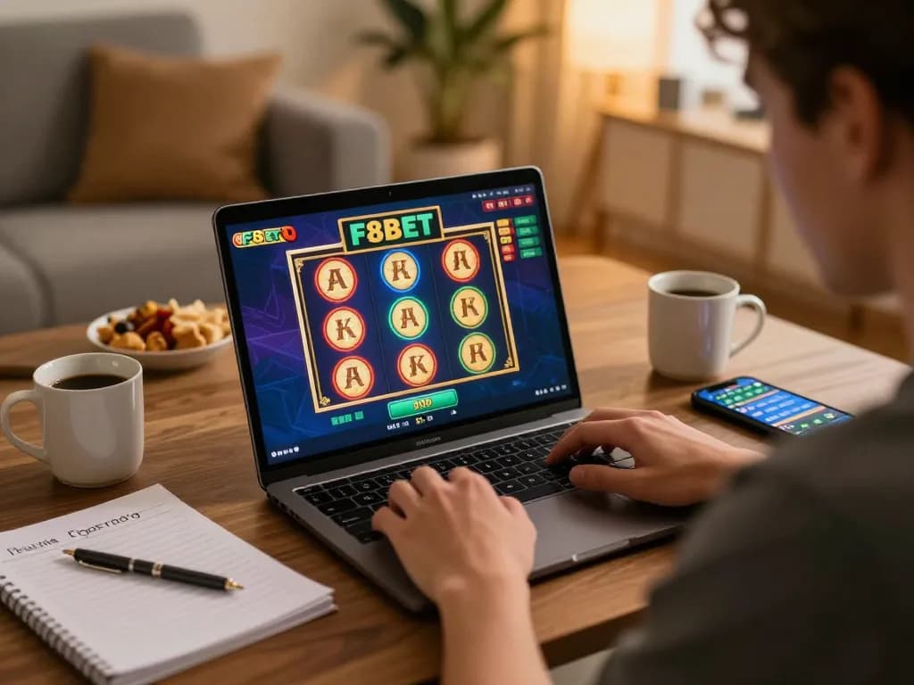 Engaging user playing F8beta2 online slot game at home, showcasing cozy gaming atmosphere.