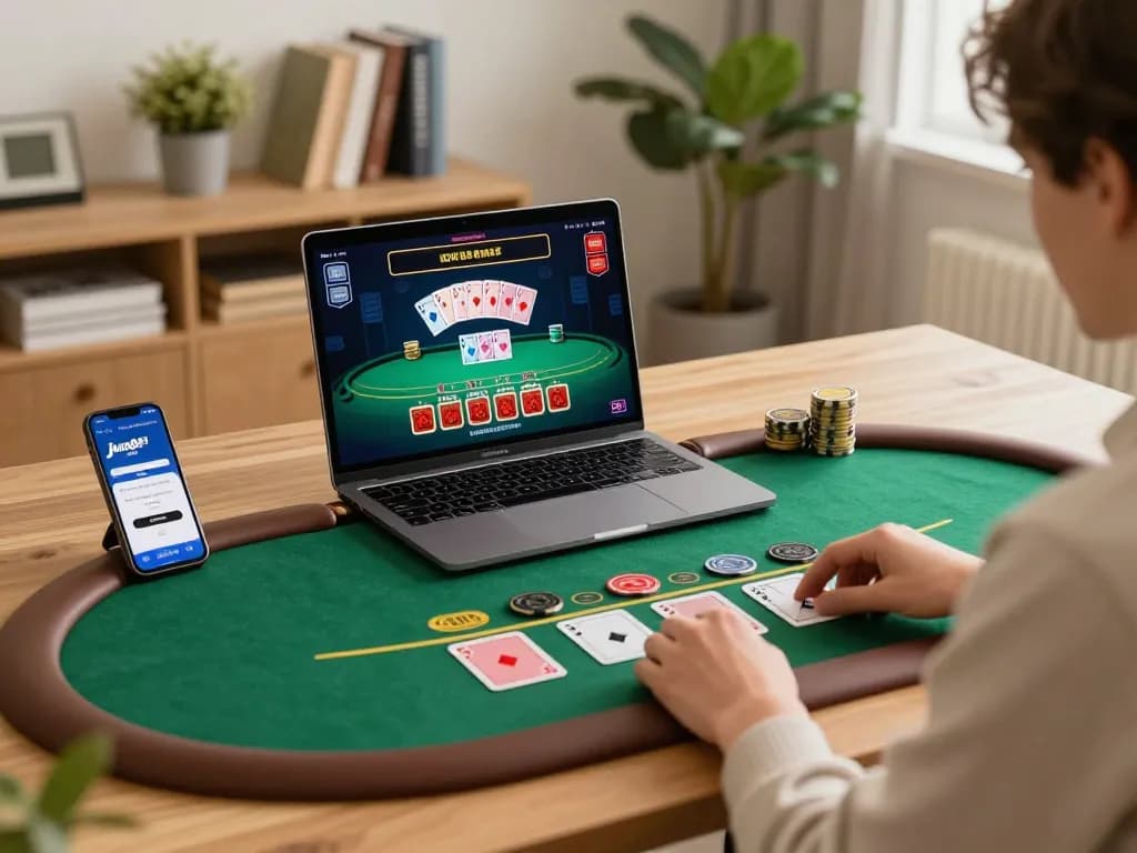 Engaging online gaming scene showcasing link jun88 mobile casino app in action with live poker.
