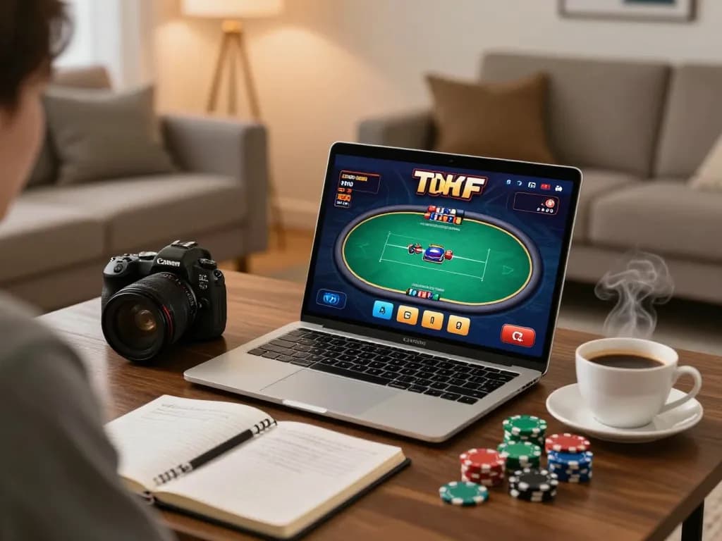 Enjoying an online rr88 poker game in a cozy home setting with strategic notes and poker chips.