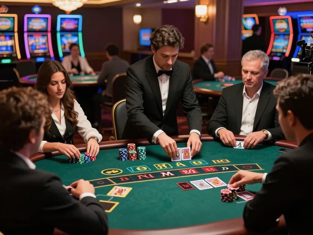 Players strategizing at a TR88 blackjack table, showcasing excitement and engagement in a vibrant casino atmosphere