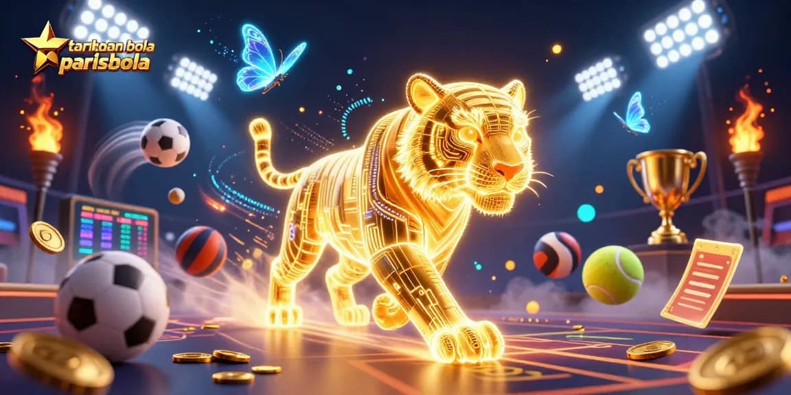 Experience taruhan bola parisbola with a vibrant 3D scene of a golden tiger and sports elements.