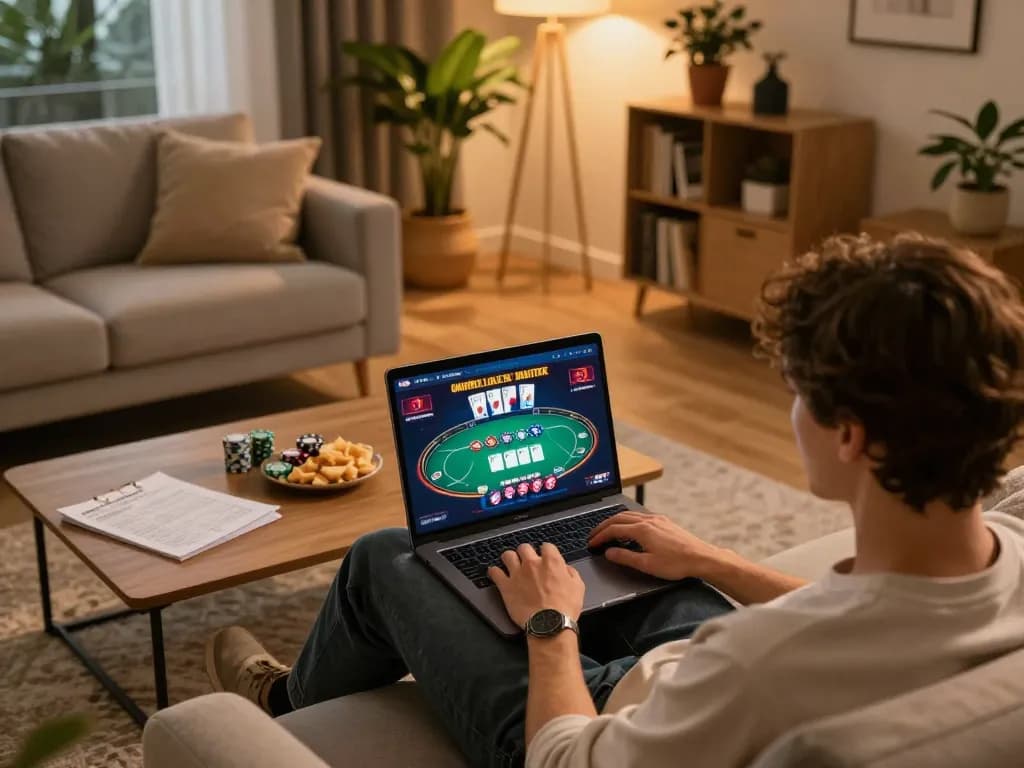 Engaged player at home using Jun88 for online poker gaming, highlighting the strategic atmosphere and responsible entertainment.