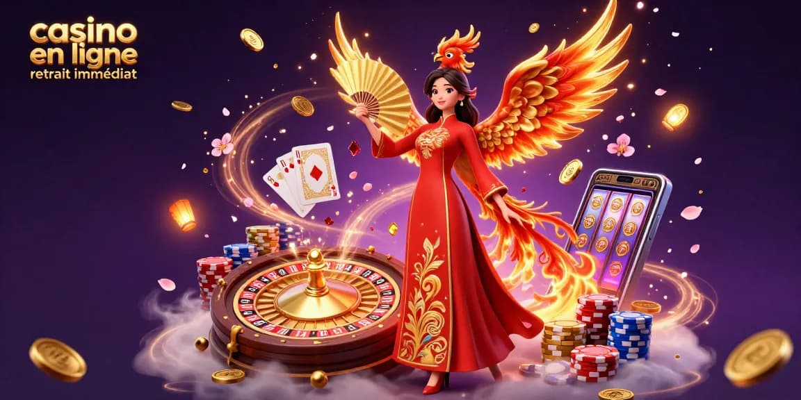 Tentez votre chance à casino en ligne retrait immédiat avec des visuels captivants d'une illustration 3D mettant en scène une femme vietnamienne traditionnelle et un phénix.