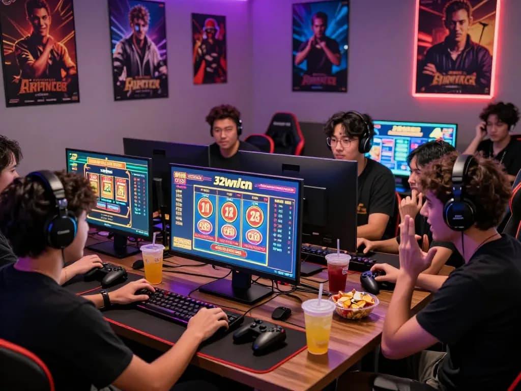 Friends enjoying an exciting gaming session on 32win.com, surrounded by vibrant casino visuals and gaming accessories.