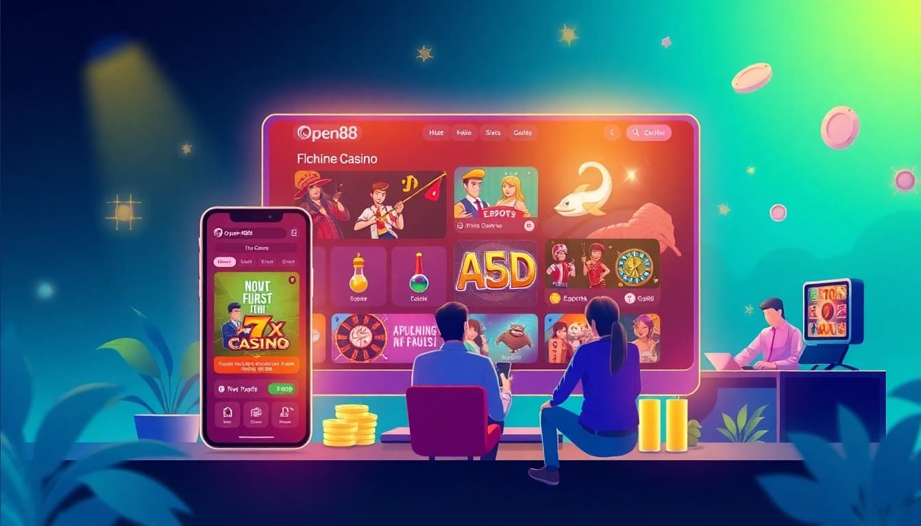 Experience the excitement of Đăng Ký OPEN88 with vibrant visuals showcasing online gaming options for a thrilling casino atmosphere.