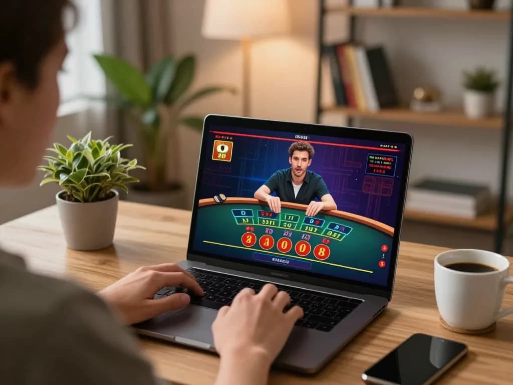 Engaging online gaming moment on 100 cuci platform, showing player at laptop placing live dealer bets.