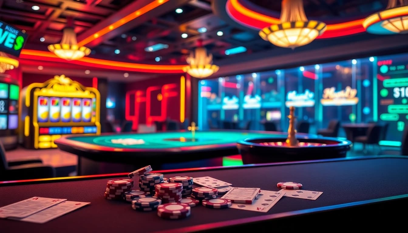 Rikvip gamers enjoying a luxurious casino experience with vibrant poker tables and slots.
