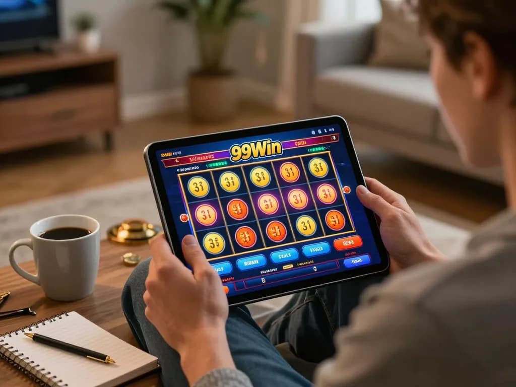 Engaging with the 99Win app for vibrant slot gameplay in a cozy home environment, emphasizing responsible gambling.