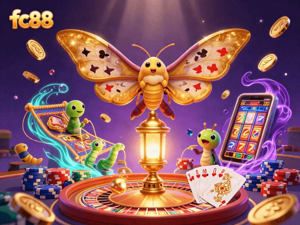 Hình ảnh biểu trưng fc88 với bướm khổng lồ và vàng rực rỡ bên bầu không khí casino.
