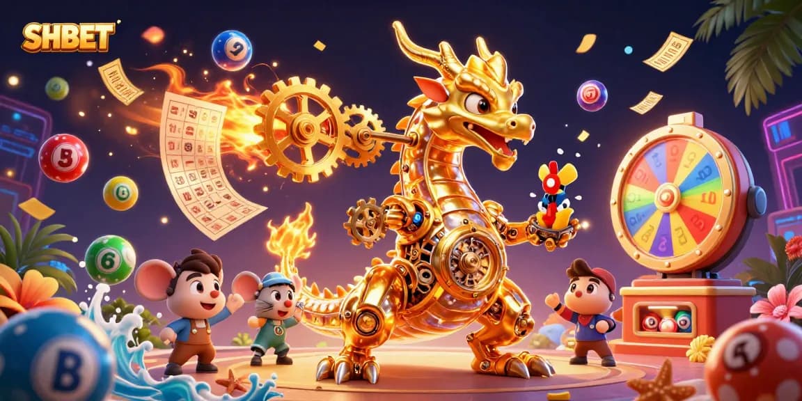 SHBET features a golden dragon with mechanical details and lottery elements for a vibrant casino experience.