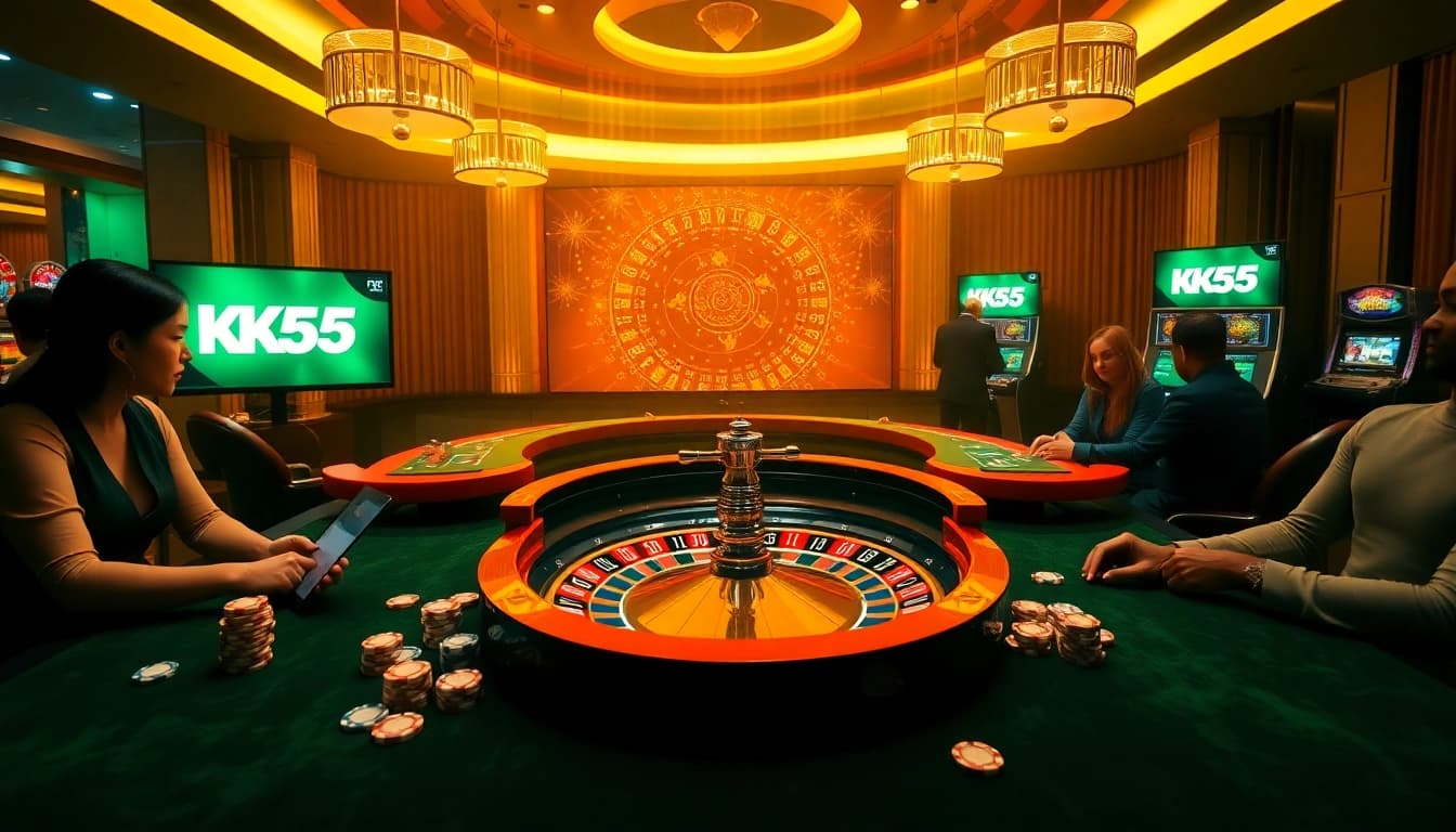 Engaging online casino experience featuring KK55 com branding, poker chips, and roulette wheel.