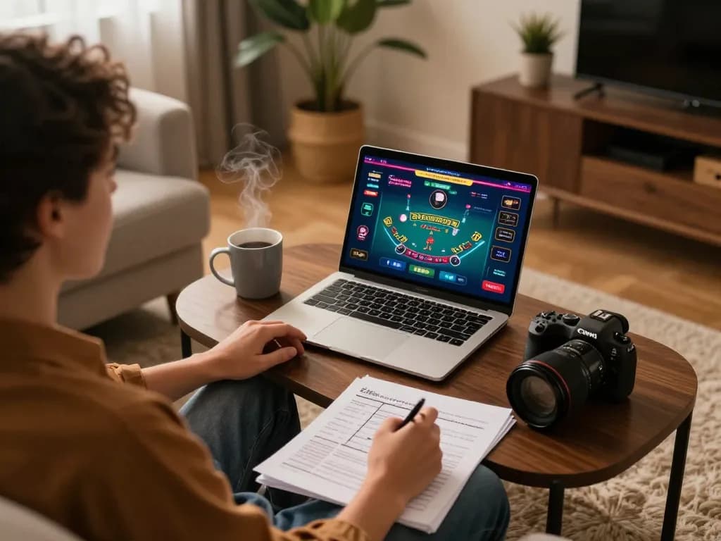 Experience the thrill of online gaming with transcrime in a cozy home setup featuring blackjack gameplay.