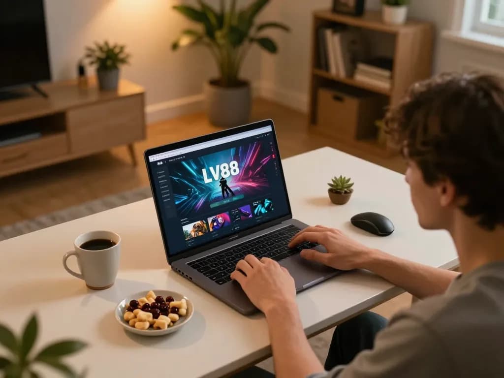 Player engaged in online gambling at LV88 from the comfort of home, showcasing a laptop, snacks, and cozy ambiance.