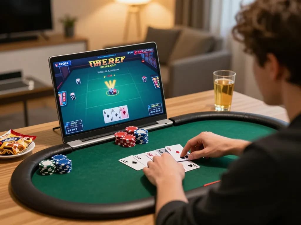 Engaged player at F8BET focusing on strategic poker gameplay on a laptop.
