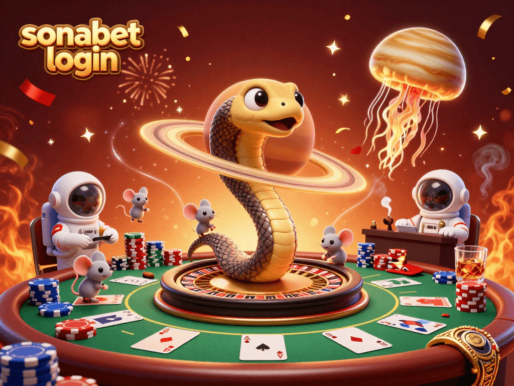 Engage with the sonabet login scene, featuring animated characters in a cosmic casino setting with poker elements.