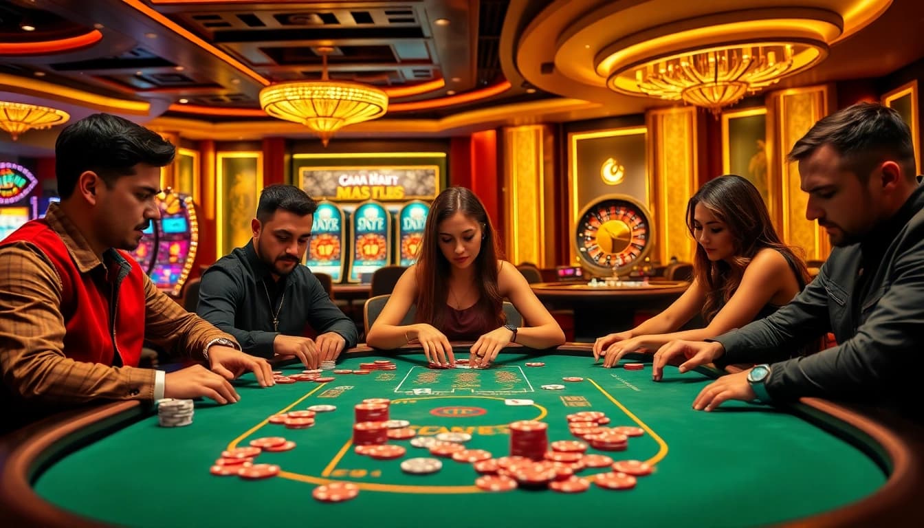 Players enjoying poker at THABET casino, showcasing excitement and vibrant gaming ambiance.