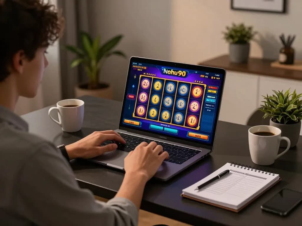 Nohu90 player enjoying engaging slot games at home desk with strategic notes.