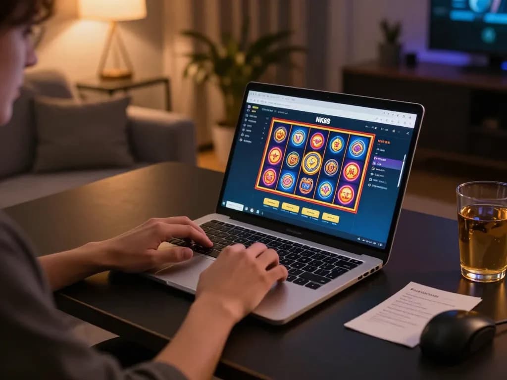 Player engaging with nk88 online casino app on laptop in a cozy home setting.