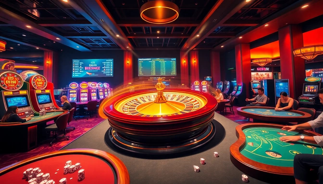 Experience the thrilling action at ee88 nhà cái as players engage in poker and roulette, highlighting the vibrant casino atmosphere.