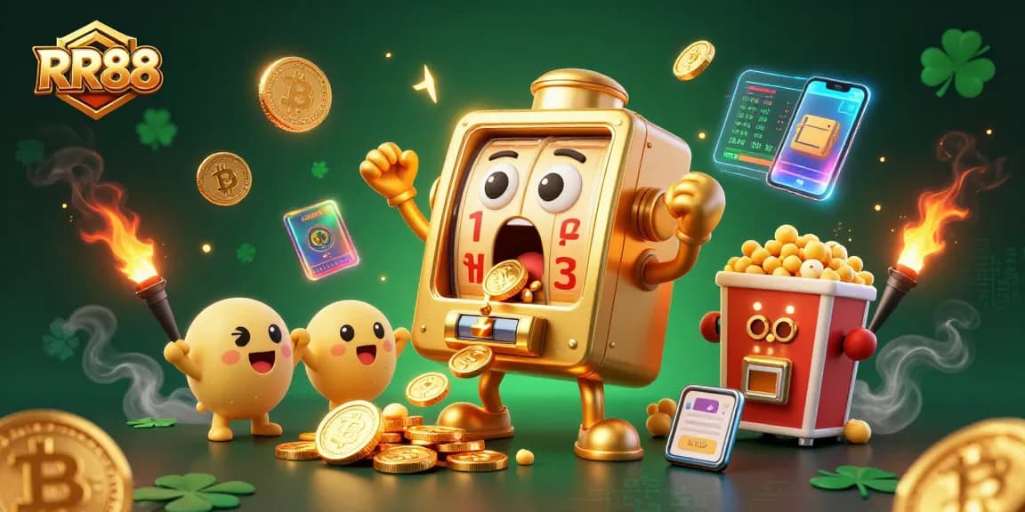 RR88 slot machine celebrates winning with coins while baby machines cheer in a vibrant casino scene.