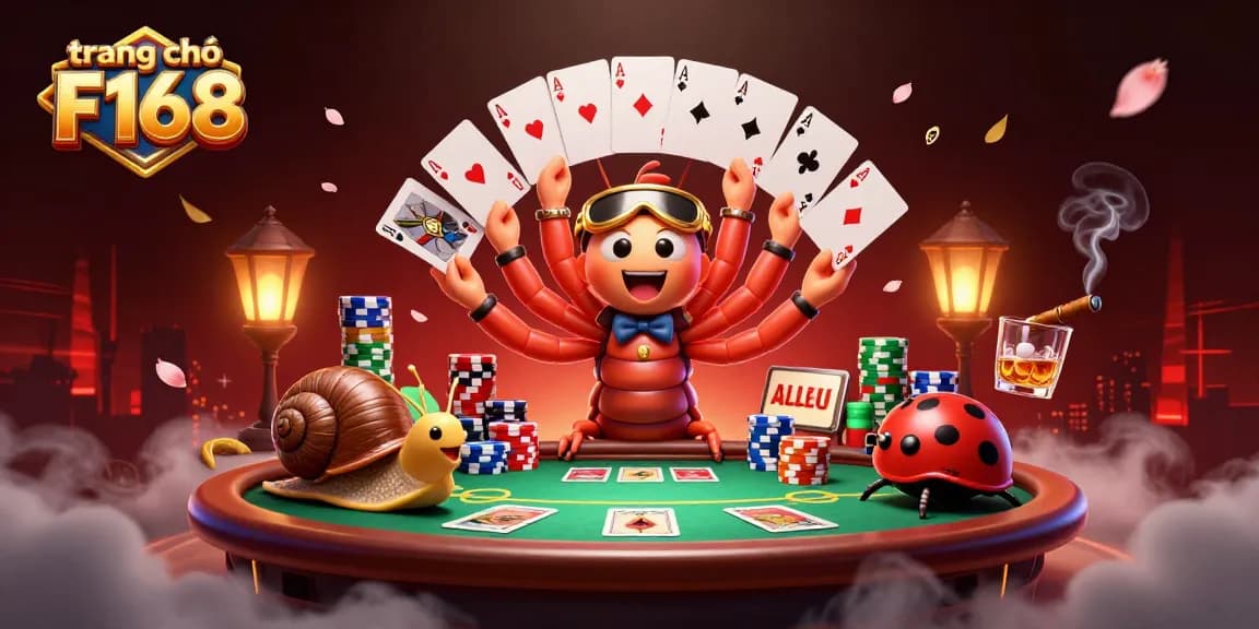 Experience the excitement of trang chủ F168 with a colorful 3D illustration of gaming characters and casino elements.