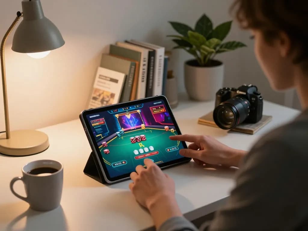 Engaged user playing poker online at home, highlighting 68win's exciting gaming experience.