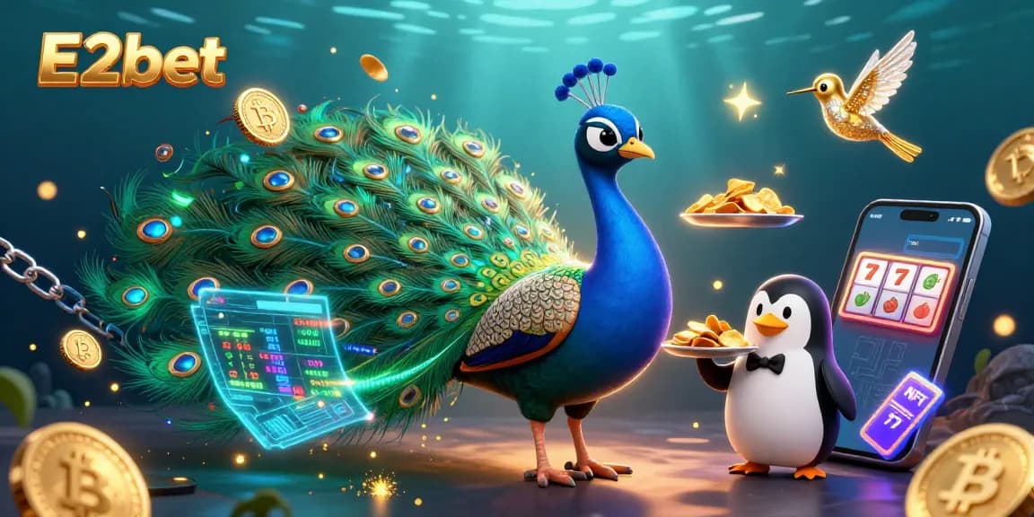 E2bet offers a thrilling gaming experience with vibrant characters and cryptocurrency elements in an engaging casino illustration.