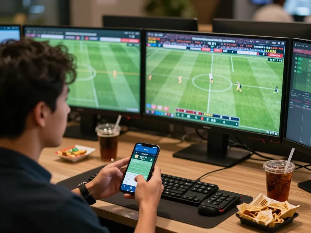 Engaged sports bettor analyzing kèo nhà cái on smartphone while following live matches on multiple screens.
