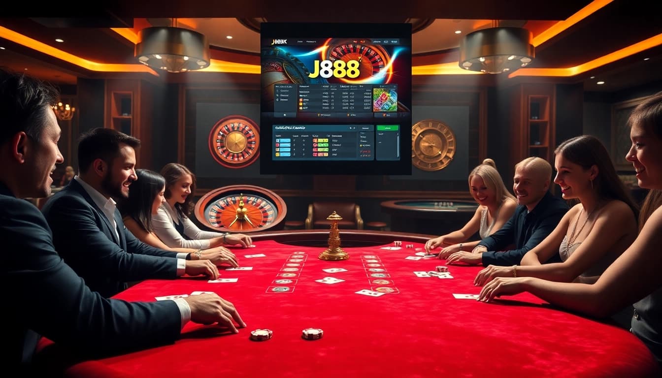 J88 gaming table with players enjoying poker in a luxurious casino setting.