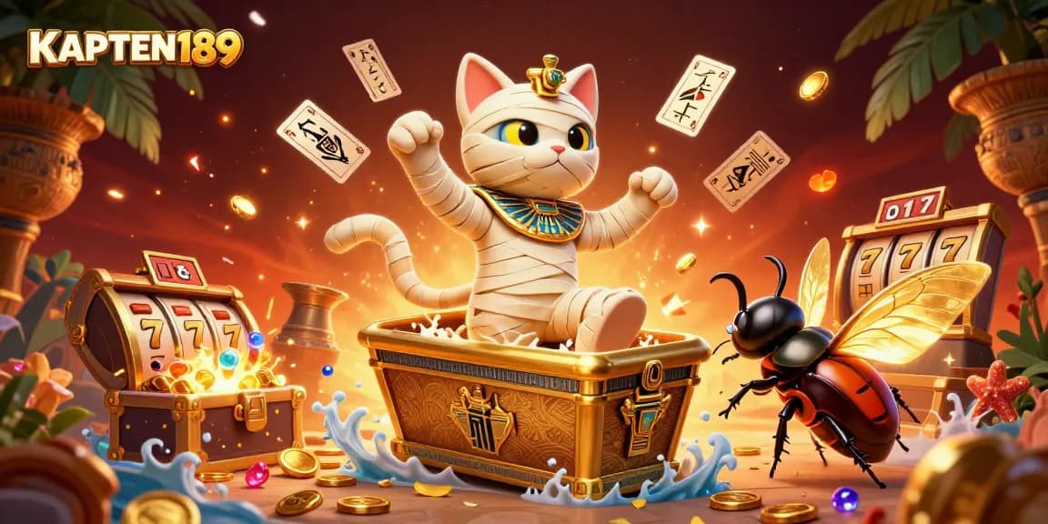 KAPTEN189 menghadirkan suasana permainan slot online dengan kucing mummy 3D dan harta karun yang berkilauan dari peti bawah laut.
