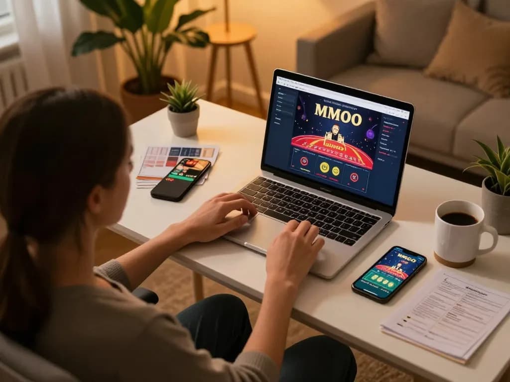 Join the excitement at MMOO with a person strategizing in a cozy home gaming setup.