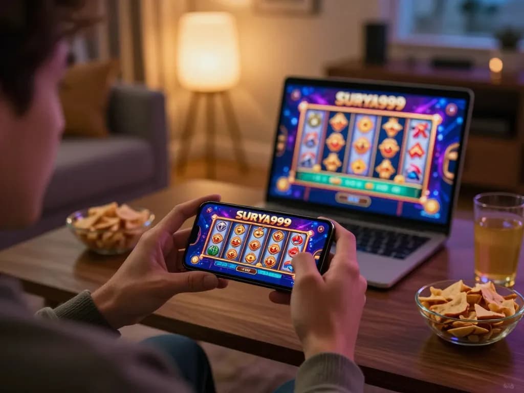 Bergabung dengan aplikasi kasino mobile SURYA999 saat malam permainan santai di rumah.