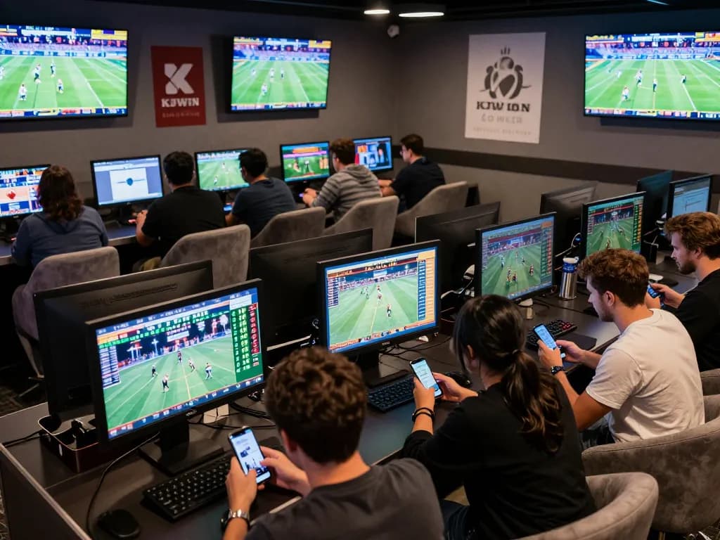 Engaged bettors analyze odds and make strategic bets in a vibrant KUWIN sports betting lounge.