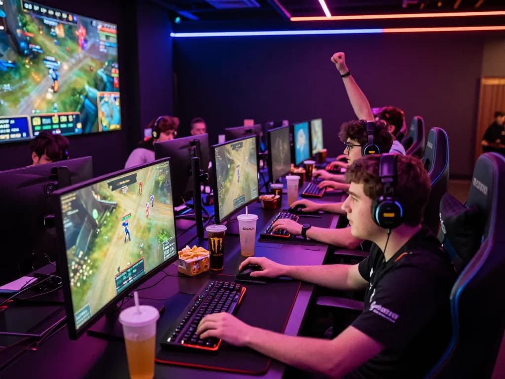 Exciting esports tournament scene from https://gglbetsg.org/gglbet-sg/singapore-esports-betting-guide/ showcasing gamers focused on intense matches.
