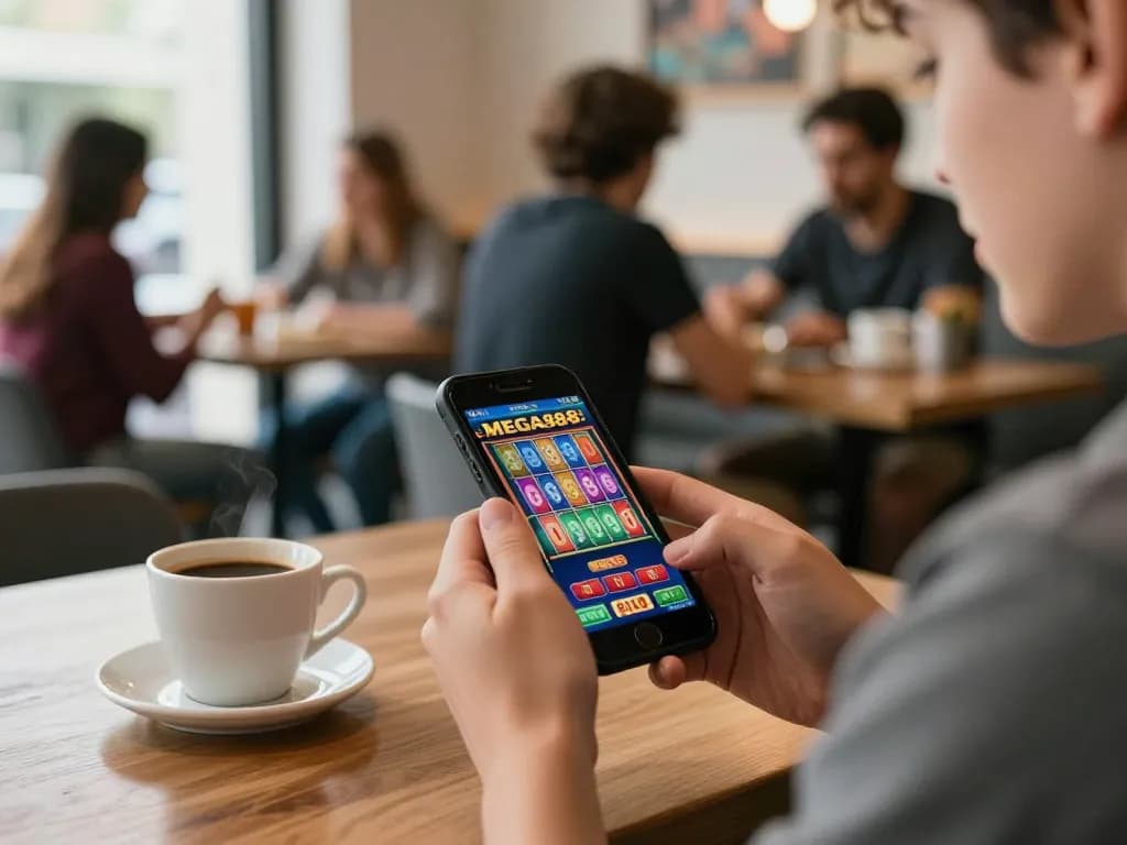 Engaged player enjoying MEGA888 mobile casino game in a vibrant café atmosphere, showcasing spinning reels on smartphone screen.