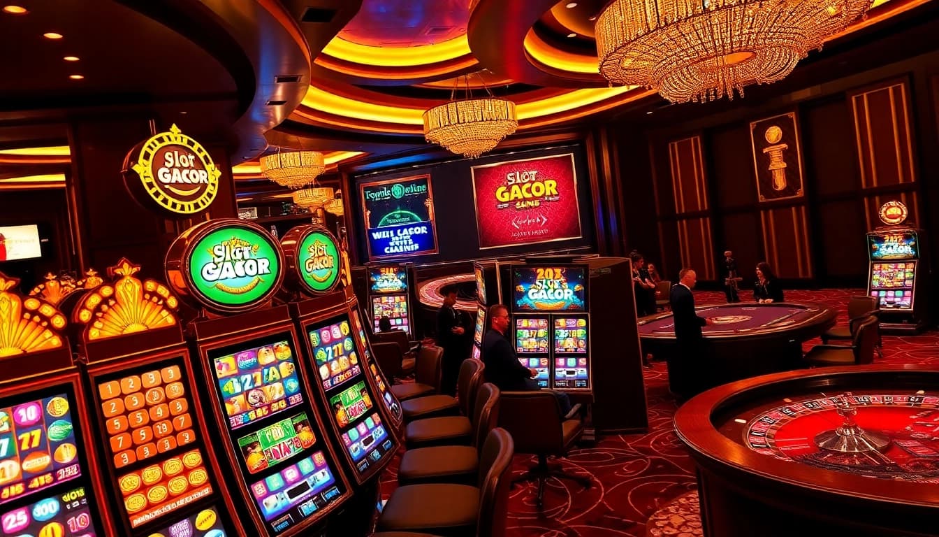 Pemain menikmati mesin slot gacor di pengaturan kasino mewah, menyoroti kegembiraan dan permainan online.